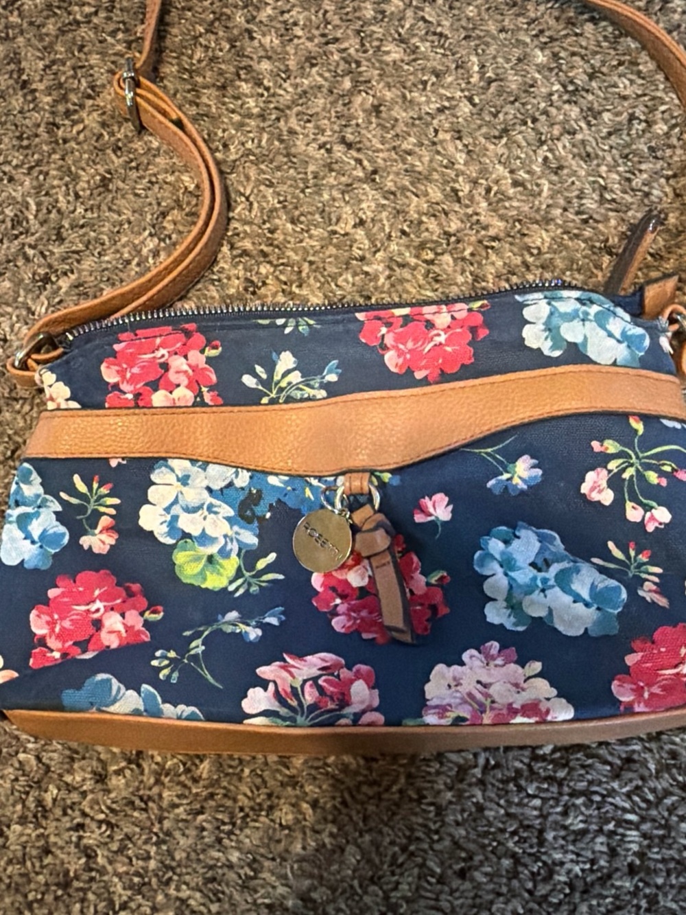 Rosetti Navy Floral Crossbody with Tan Trim